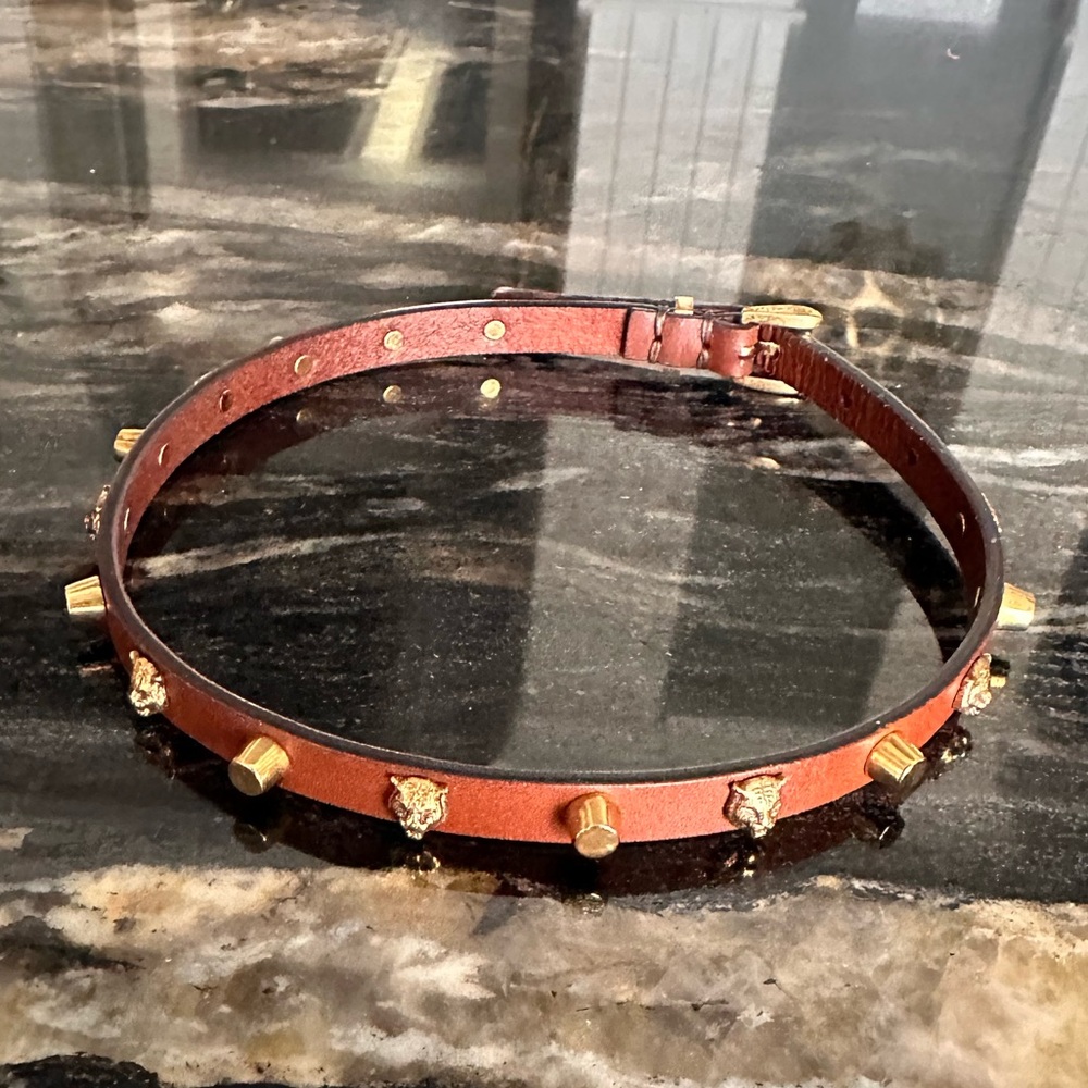 EUC GUCCI Brown Leather Feline Head Studded Gold Tone Choker/ Wrap Bracelet